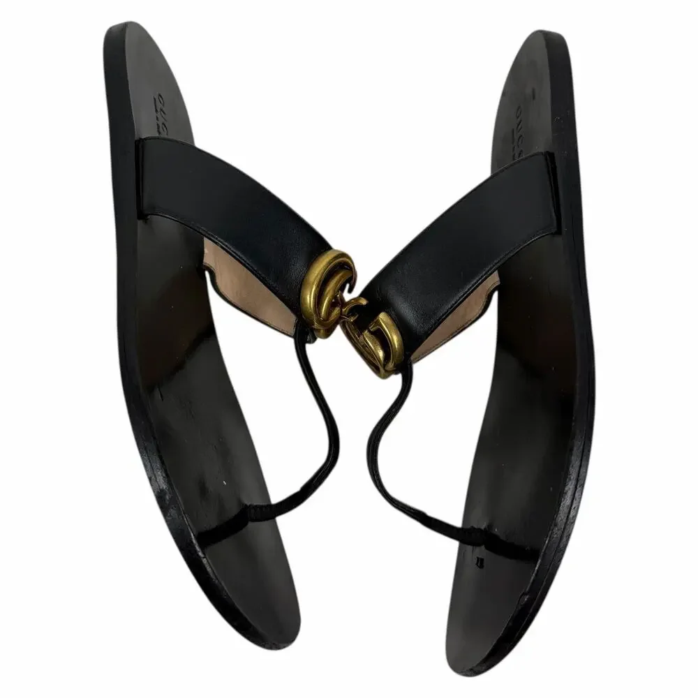 Gucci Black Leather Thong Sandal Gold Double G Logo Size 36.5 - Picture 8 of 15